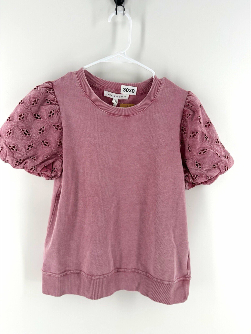 Jane & Delancey Womens XS Pink Eyelet Puff Sleeve Crew Neck Pullover Sweatshirt